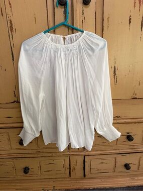 White Blouse with Smocked Cuffs - Women Tops